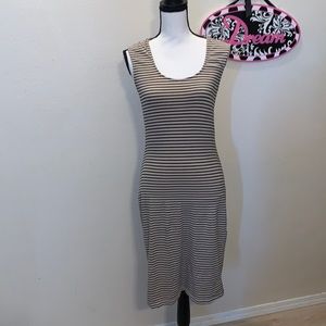 Romy tan & black striped bodycon midi dress